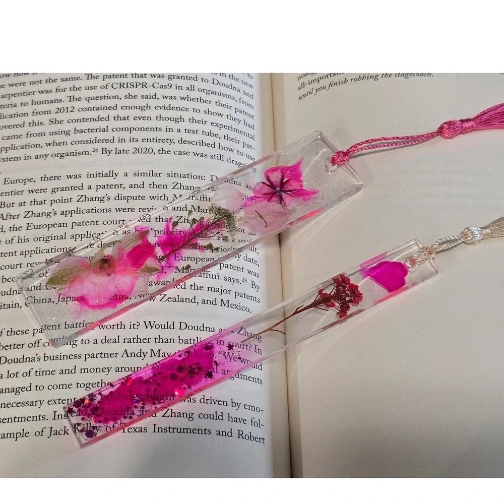 Handmade Resin Floral Bookmarks Real Pressed Flowers Pink Glitter Tassels Set 2